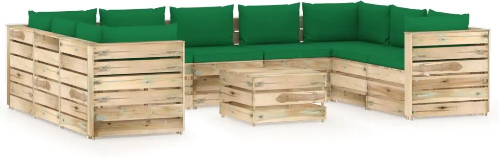 vidaXL Salon de jardin 10 pcs avec coussins Bois imprégné de vert