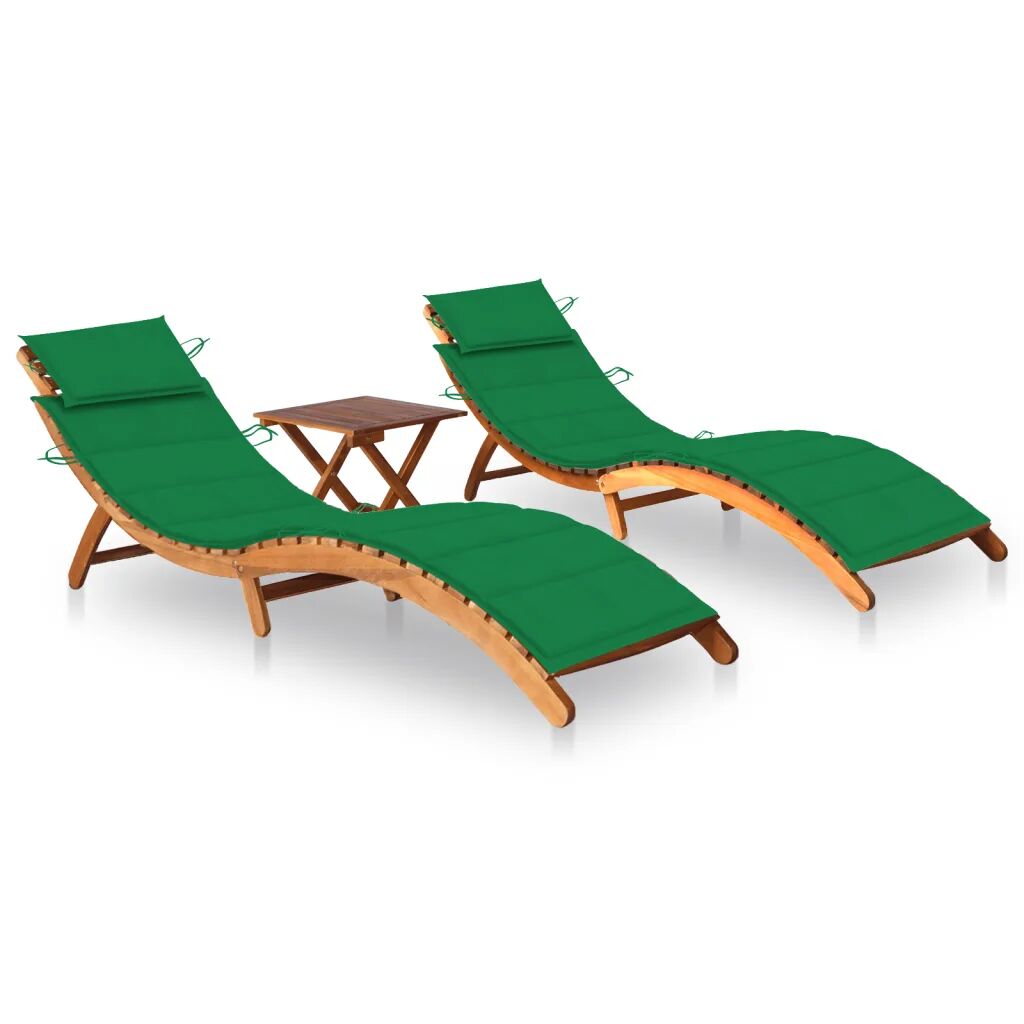 vidaXL Chaises longues 2 pcs avec table et coussins Acacia solide