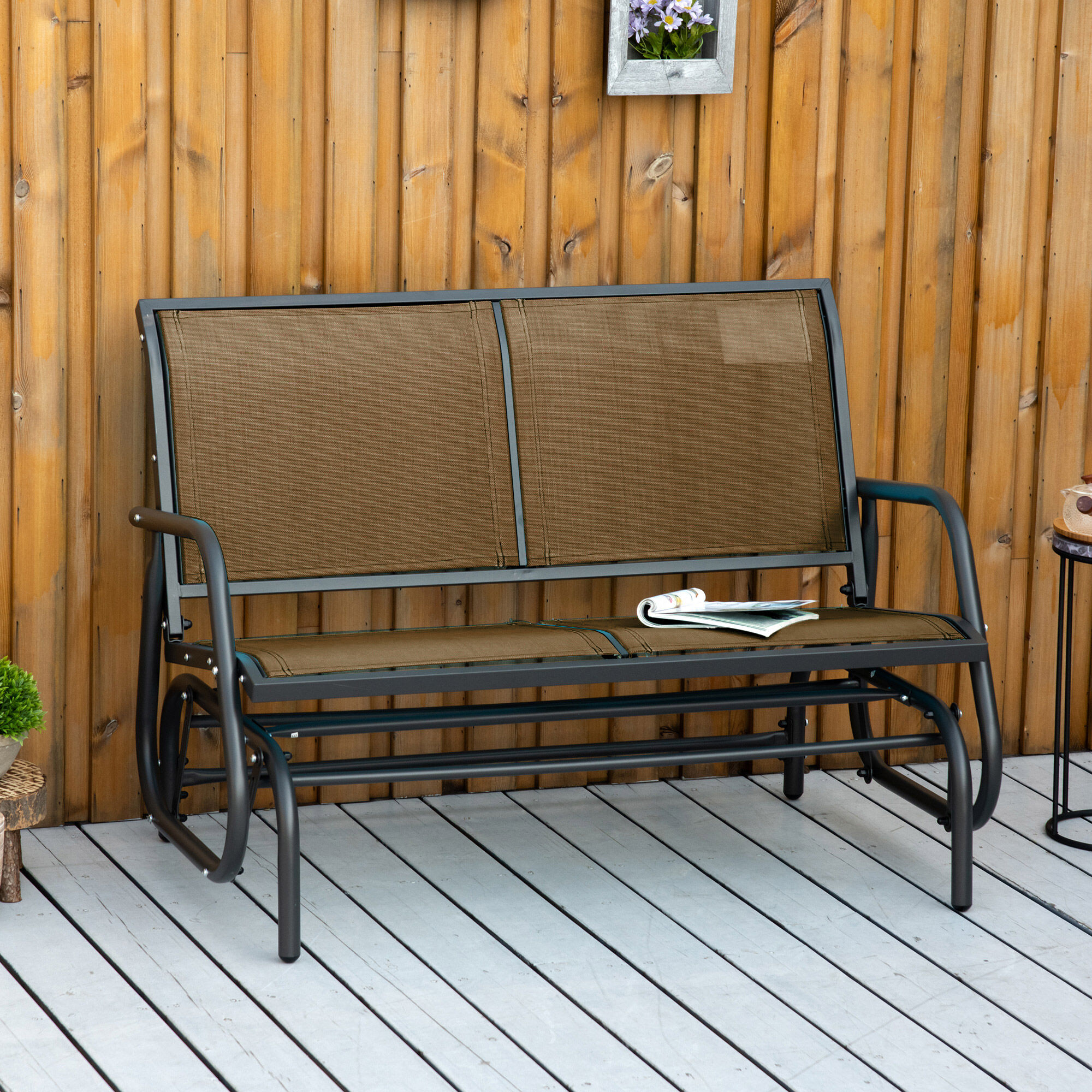 Outsunny Patio Double Glider Outdoor Steel Sling Fabric Gliding Bench Garden Swing Chair Heavy-Duty Porch Rocker Garden Loveseat Brown   Aosom Canada