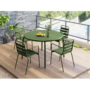 Garten-Essgruppe: Tisch D. 110 cm + 4 stapelbare Sessel - Metall - Khaki - MIRMANDE von MYLIA