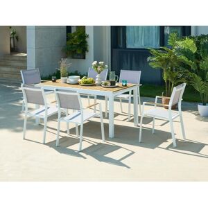 Garten-Essgruppe: Tisch ausziehbar L. 170/230 cm + 6 stapelbare Sessel - Aluminium: & Polywood - Holzfarben hell & Grau - MACILA von MYLIA