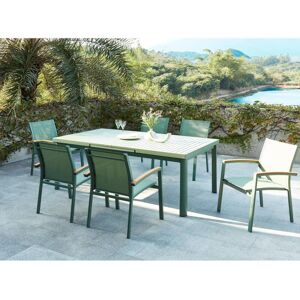 Garten-Essgruppe: Tisch ausziehbar 180/240 cm + 6 stapelbare Sessel - Aluminium - Grün - NAURU von MYLIA