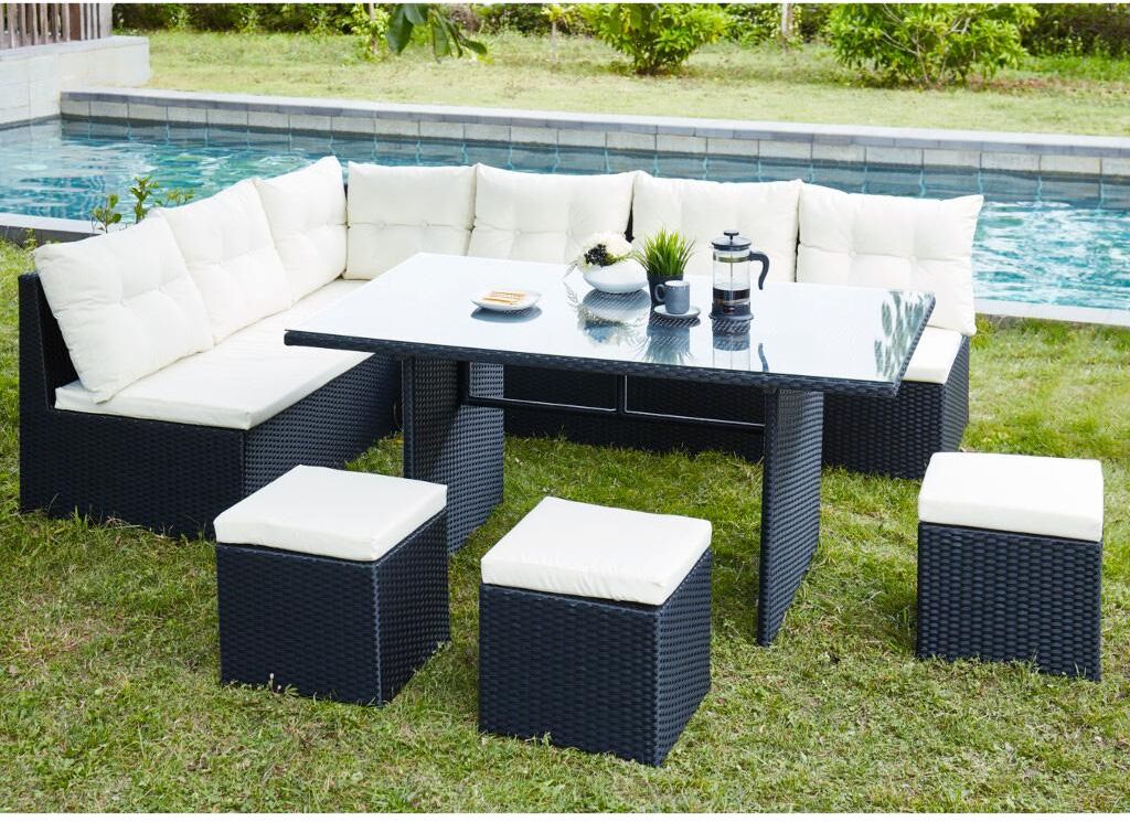 Vente-unique.ch Garten Sitzgruppe Polyrattan & Glas: 5-Sitzer-Sofa, 3 Hocker + 1 Tisch - Anthrazit & Elfenbein - PALAWAN