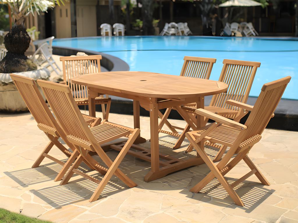 Vente-unique.ch Garten Essgruppe - Teak: 1 ausziehbarer Esstisch B. 120-170 cm + 2 Sessel + 4 Stühle - BYBLOS