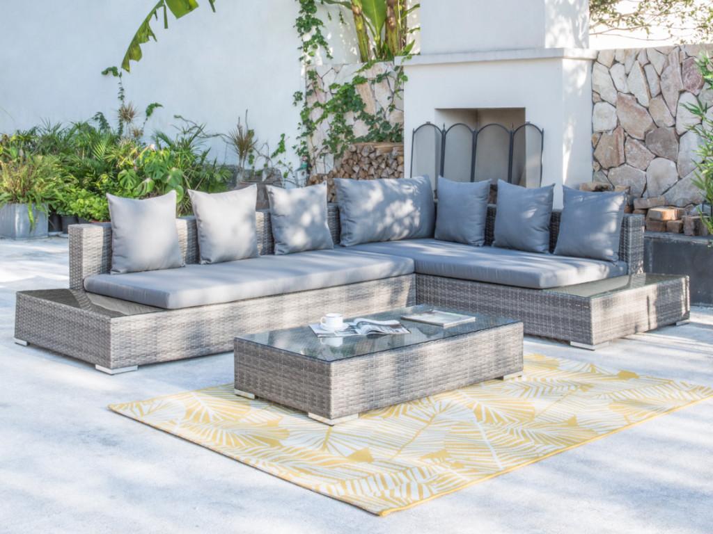 Vente-unique.ch Garten Sitzgruppe Polyrattan & Glas: 6-Sitzer-Sofa + Beistelltische - BARCELONE