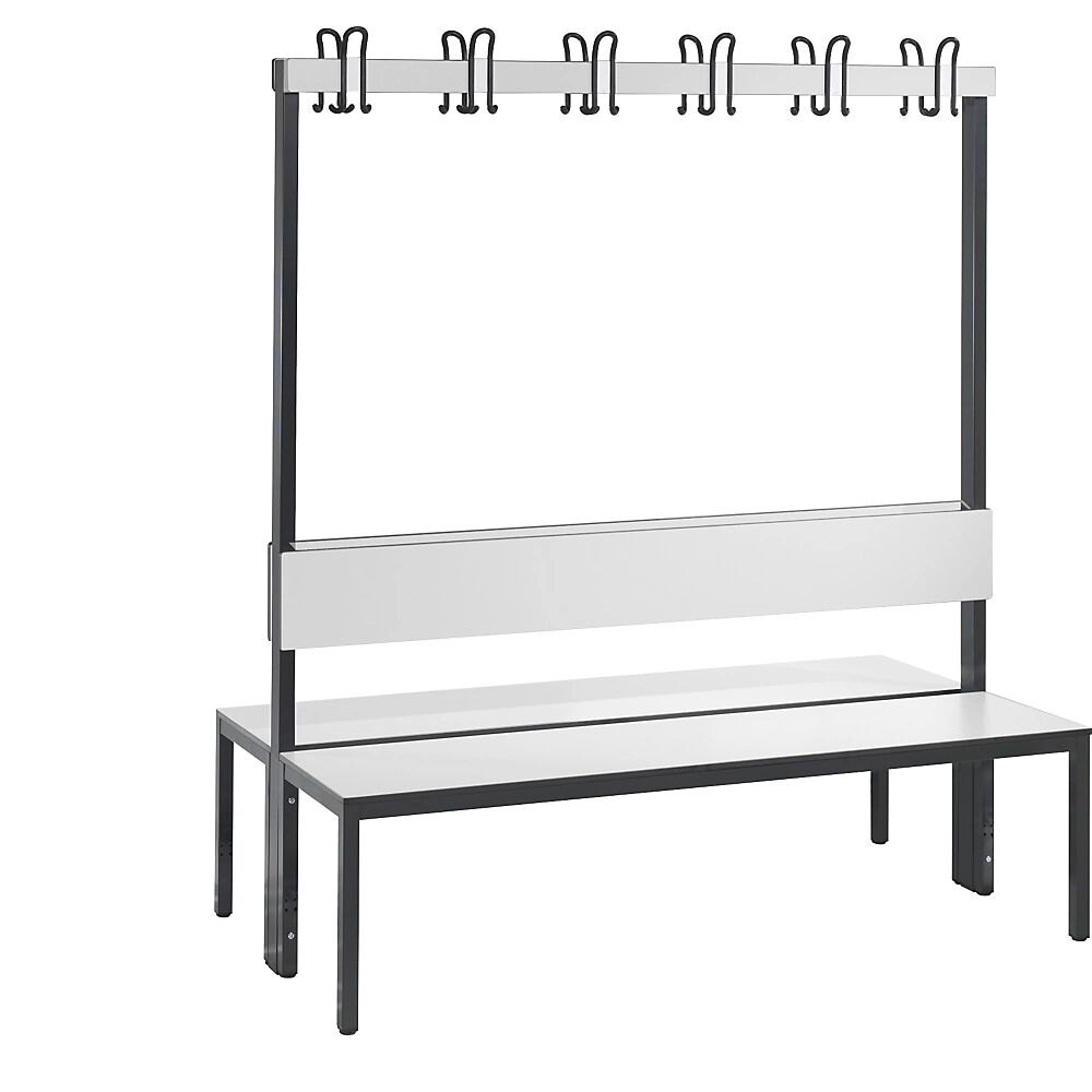 C+P Garderobenbank BASIC PLUS, doppelseitig Sitzfläche HPL, Hakenleiste Länge 1500 mm, weiß