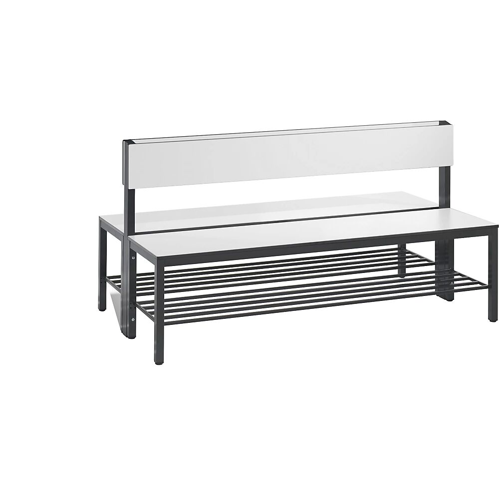 C+P Garderobenbank BASIC PLUS, doppelseitig Sitzfläche HPL, halbhoch, mit Schuhrost Länge 1500 mm, weiß