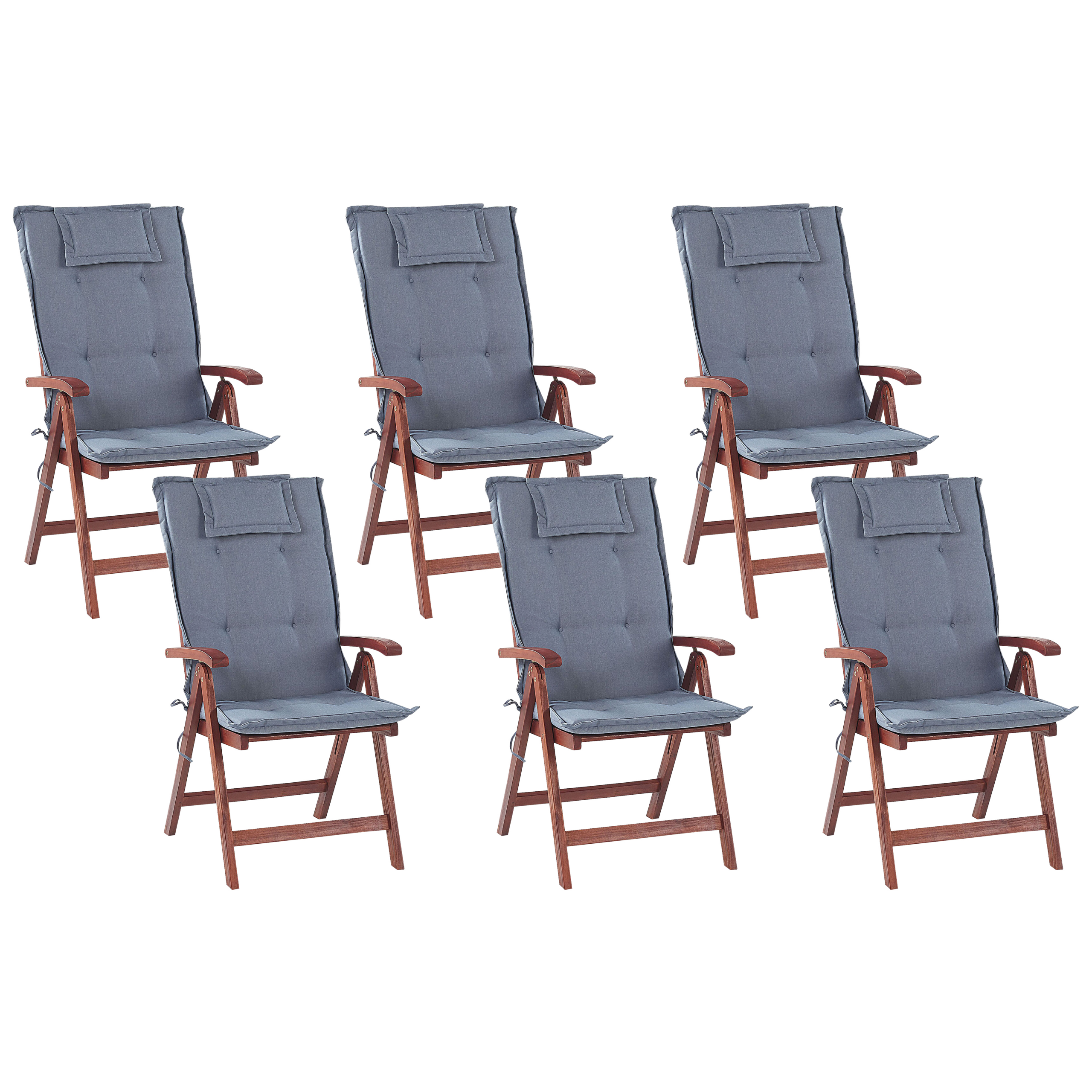 Beliani Sada 6 dřevěných zahradních židlí s modrými polštáři TOSCANA