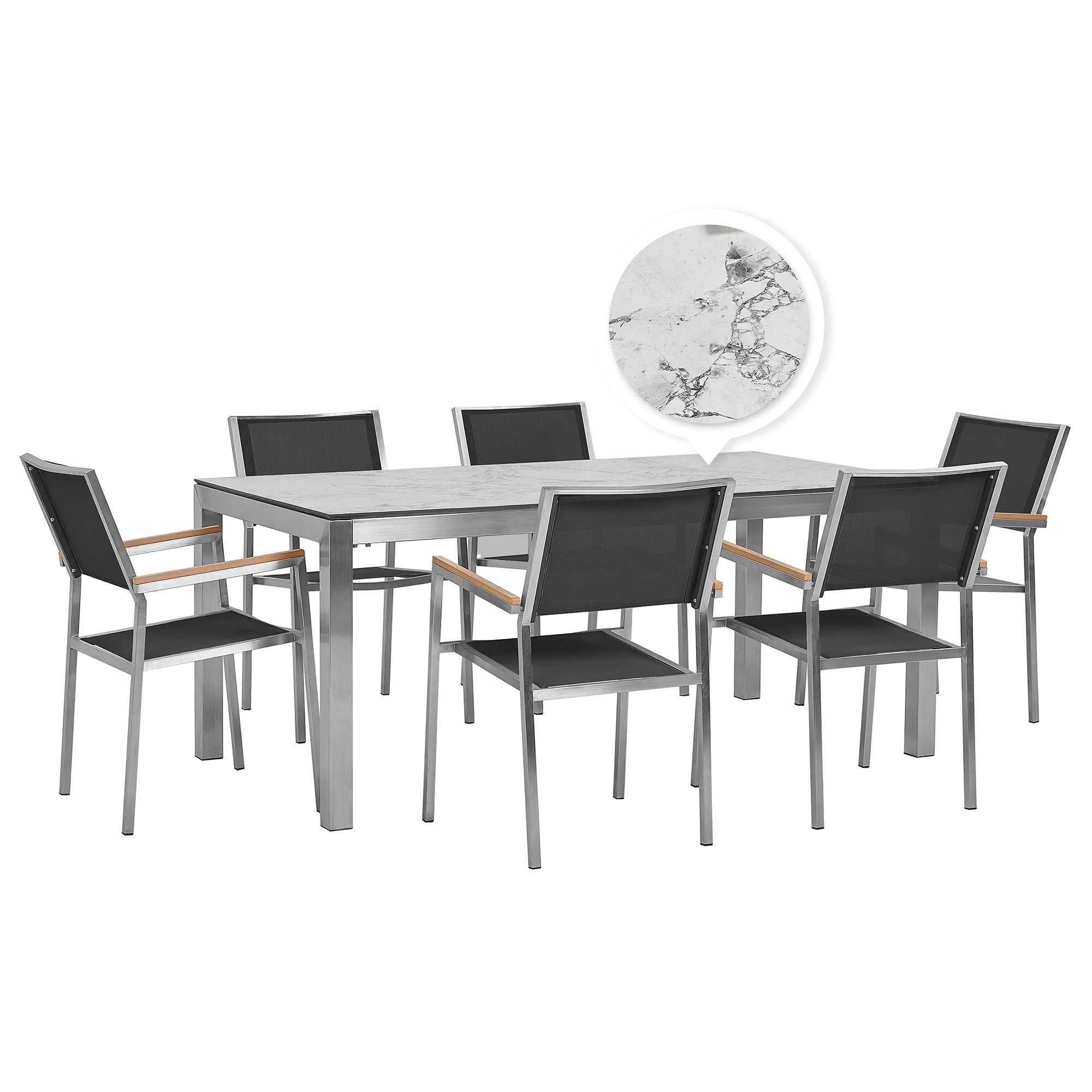 Beliani Zahradní set stůl HPL s mramorovou úpravou a 6 černých židlí GROSSETO