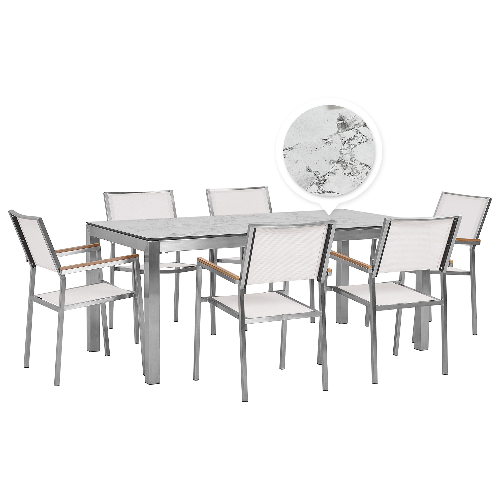 Beliani Zahradní set stůl HPL s mramorovou úpravou a 6 bílých židlí GROSSETO