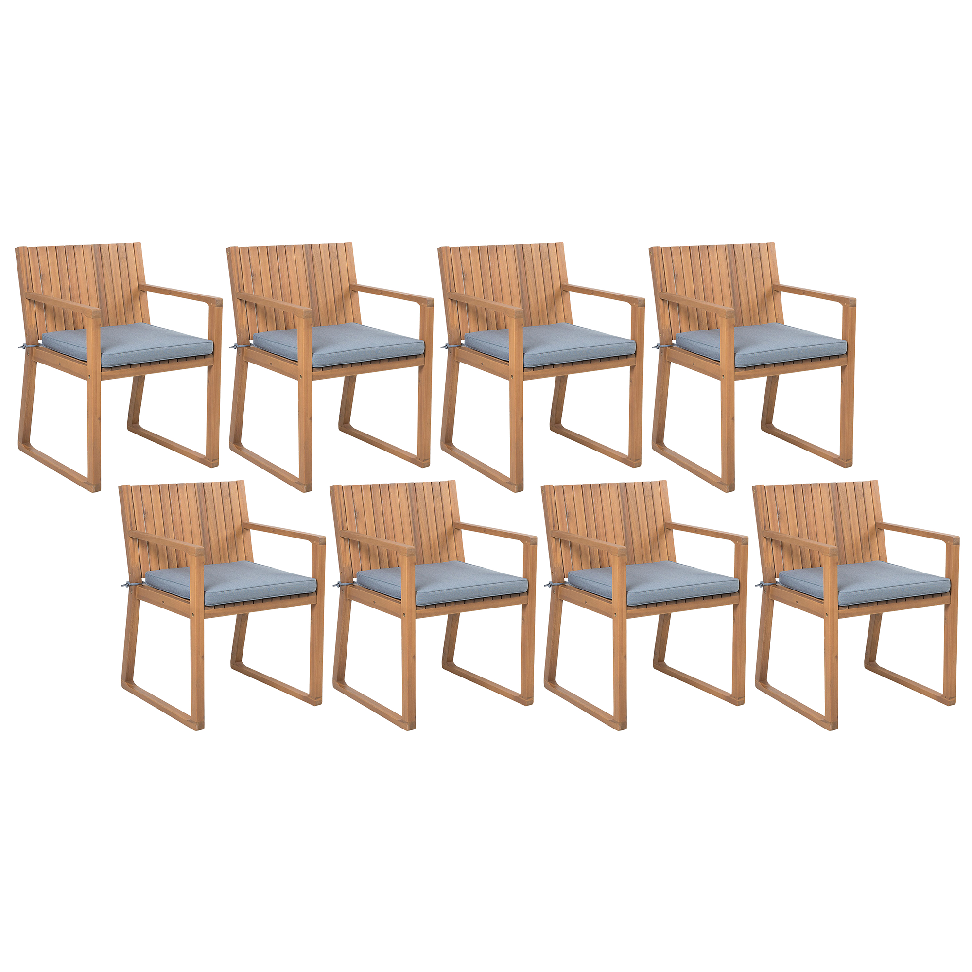 Beliani Sada 8 dřevěných zahradních židlí s modrými polštáři SASSARI