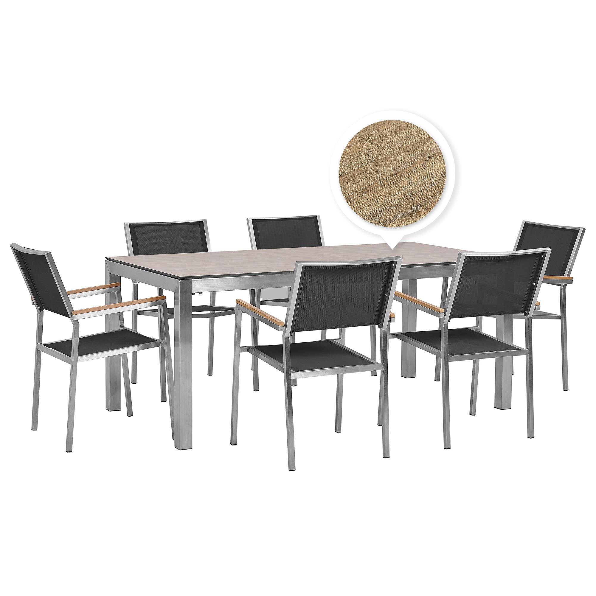Beliani Sada zahradního stolu HPL s povrchovou úpravou dub a 6 černých židlí GROSSETO