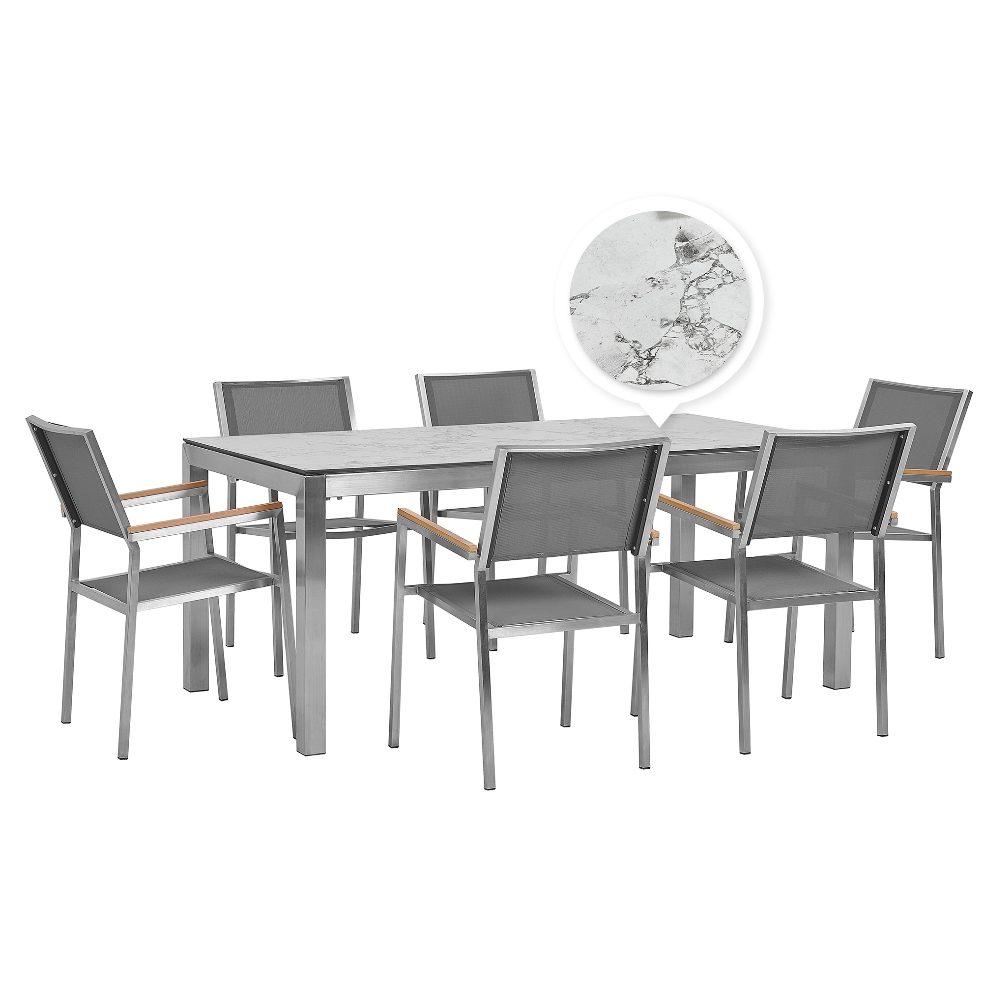 Beliani Zahradní set stůl HPL s mramorovou úpravou a 6 šedými židlemi GROSSETO
