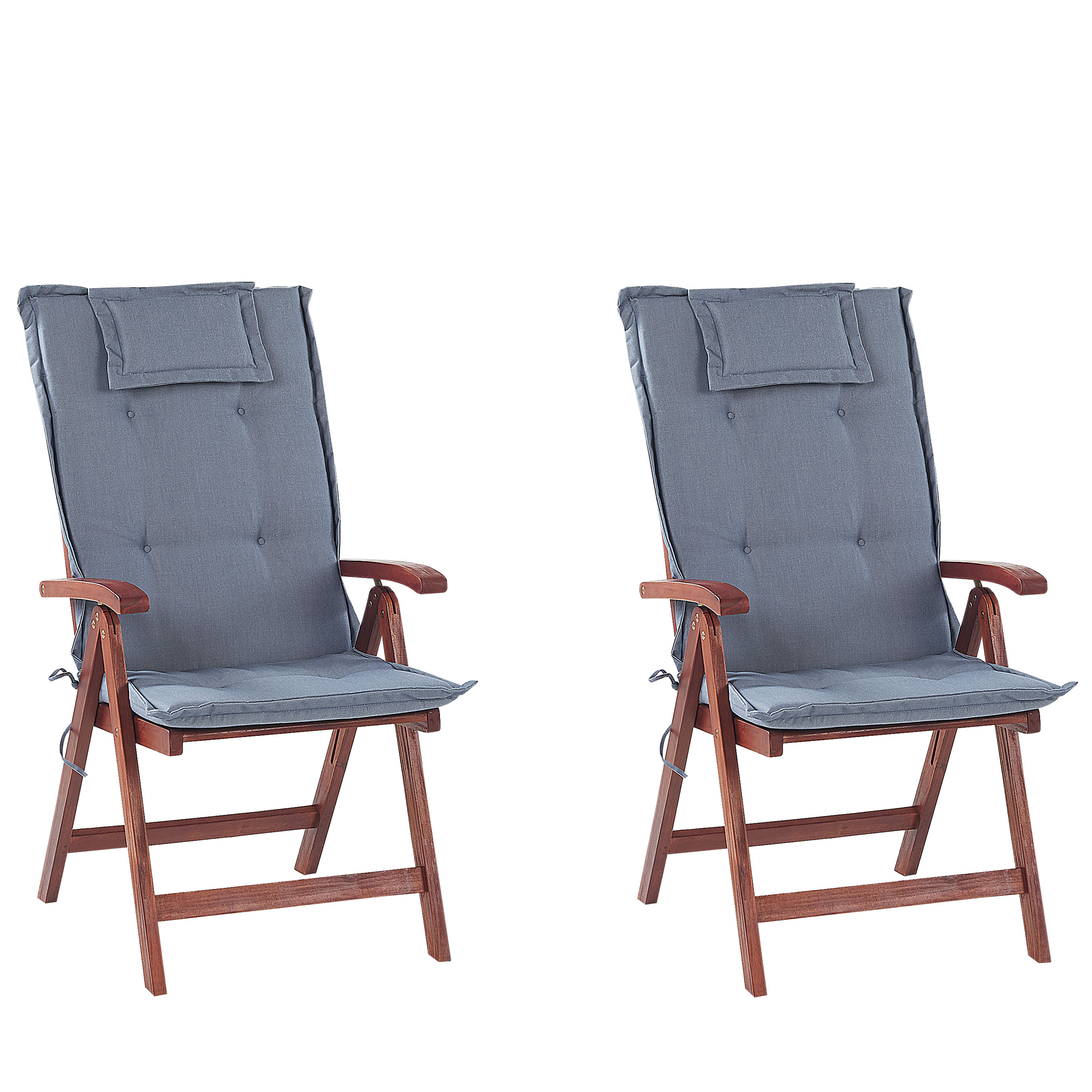 Beliani Sada dvou zahradních židlí z tmavého dřeva s modrými polštáři TOSCANA