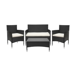 Mendler Poly-Rattan Garnitur HWC-F55, Balkon-/Garten-/Lounge-Set Sofa Sitzgruppe ~ schwarz, Kissen creme
