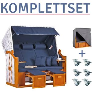 Strandkorb.co Strandkorb Baltic Dreisitzer PE weiß Dessin Uni Blau-KOMPLETTSET