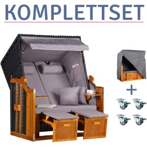 Strandkorb.co Strandkorb Baltic PE schwarz Dessin Uni Grau-KOMPLETTSET