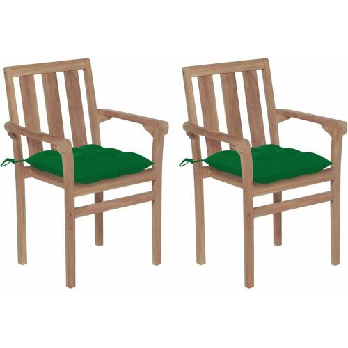 BONNEVIE 2er Set Gartenstühle Gartensessel Balkonstühle – mit Grünen Kissen Massivholz Teak BV618524 Bonnevie Grün