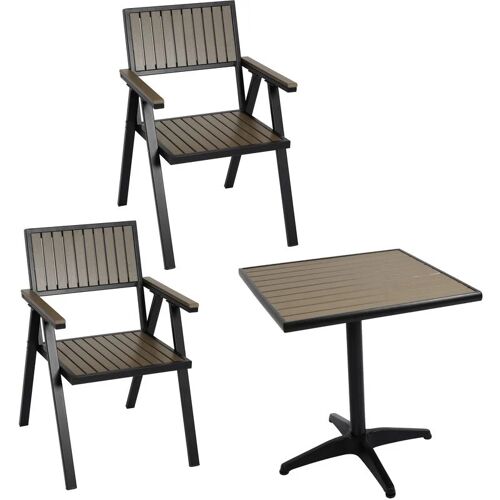 HHG – 2er-Set Gartenstuhl+Gartentisch 861, Stuhl Tisch, Gastro Outdoor-Beschichtung, Alu Holzoptik schwarz, grau – grey