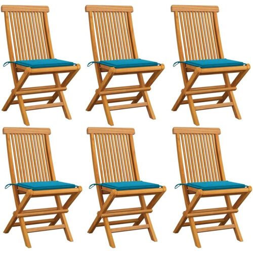 BONNEVIE 6er Set Gartenstühle Gartensessel – Balkonstühle mit Blauen Kissen Massivholz Teak BV459511 Bonnevie Blau