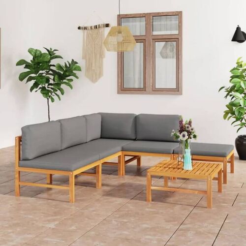 BONNEVIE 6-tlg. Garten-Lounge-Set，Gartenmöbel-Set mit Grauen Kissen Massivholz Teak vidaXL