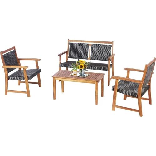 COSTWAY 4-teiliges Gartenmöbel Set, Polyrattan Balkonset mit 2 Sessel & Bank & Tisch, Sitzgruppe aus Akazienholz, Rattan Gartenset Balkonmöbel, Rattanmöbel