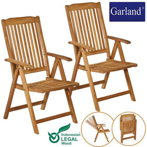 GARLAND 2er Set Gartenstuhl Bari Teak Holz Wetterfest 5-Fach Verstellbar Klappbar Klappstuhl Gartensessel Balkonstuhl – Garland