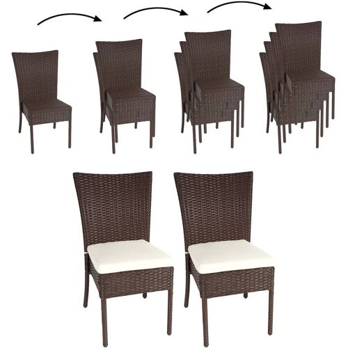 MCW 2er-Set Poly-Rattan Stuhl MCW-G19, Balkonstuhl Gartenstuhl, stapelbar ~ braun, Kissen creme