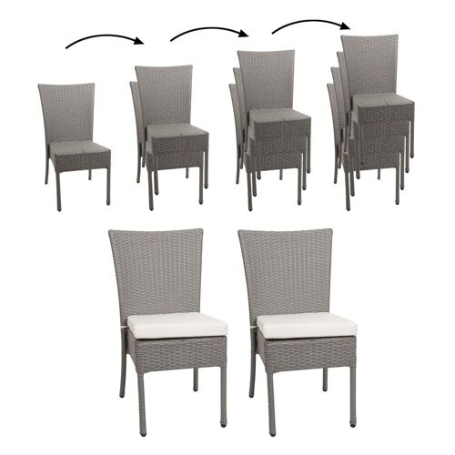 MCW 2er-Set Poly-Rattan Stuhl MCW-G19, Balkonstuhl Gartenstuhl, stapelbar ~ grau, Kissen creme