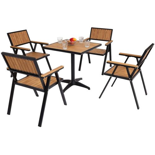 MCW 4er-Set Gartenstuhl+Gartentisch MCW-J95, Stuhl Tisch, Gastro Outdoor-Beschichtung, Alu Holzoptik ~ schwarz, teak