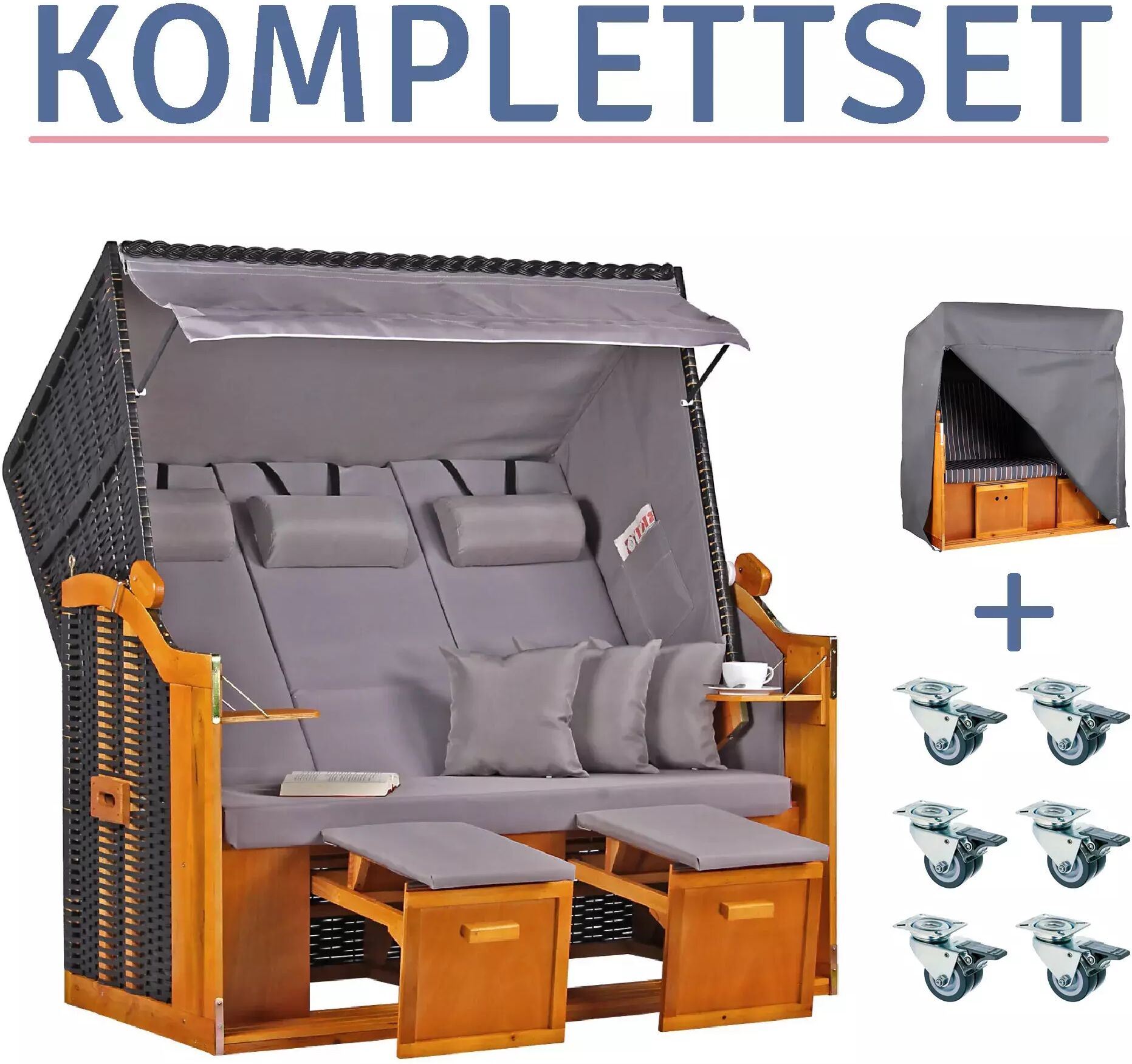 Strandkorb.co Strandkorb Baltic Dreisitzer PE schwarz Dessin Uni Grau-KOMPLETTSET