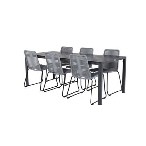 Break havesæt bord 90x205cm sort, 6 stole Lindos grå.