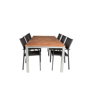 Zenia havesæt bord 100x200cm og 6 stole Santorini sort, natur, sølvfarvet.