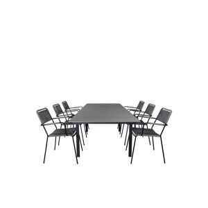 Levels havesæt bord 100x160/240cm og 6 stole armlæn Lindos sort, grå.