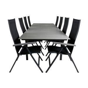 Levels havesæt bord 100x229/310cm og 8 stole Albany sort, grå.