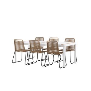 Togo havesæt bord 200x100cm, 6 stole Lindos, hvid,brun.