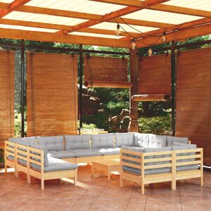 vidaXL loungesæt til haven 12 dele med grå hynder massivt fyrretræ
