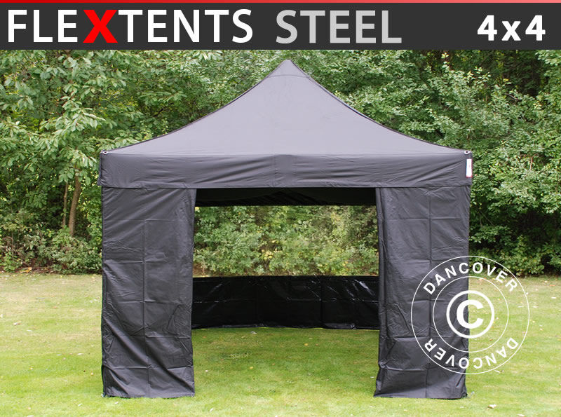 Dancover Foldetelt FleXtents Easy up pavillon Steel 4x4m Sort, inkl. 4 sider