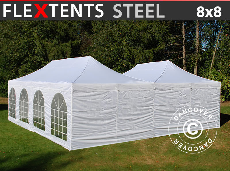 Dancover Foldetelt FleXtents Easy up pavillon Steel 8x8m Hvid, inkl. 8 sider