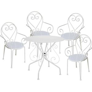 MYLIA Comedor de jardín de metal estilo hierro forjado : una mesa y 4 sillones blancos - GUERMANTES