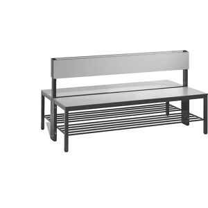 C+P Banco para vestuarios BASIC PLUS, por ambos lados, superficie del asiento de HPL, de media altura, rejilla para zapatos, longitud 1500 mm, gris plata