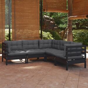 vidaXL Muebles de jardín 5 pzas con cojines negro madera maciza pino