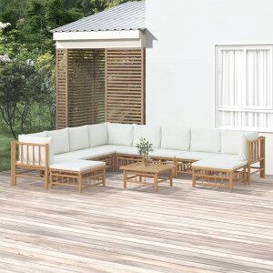 vidaXL Set De Muebles De Jardín 11 Piezas Bambú Y Cojines Blanco Crema