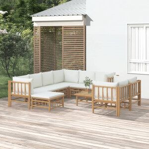 vidaXL Set De Muebles De Jardín 10 Piezas Bambú Y Cojines Blanco Crema