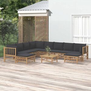 vidaXL Set De Muebles De Jardín 11 Pzas Bambú Con Cojines Gris Oscuro