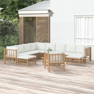 vidaXL Set De Muebles De Jardín 12 Piezas Bambú Y Cojines Blanco Crema