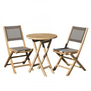 MACABANE Mesa y sillas de jardín de madera de teca y textileno 2 personas