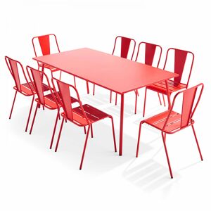 Oviala Mesa de jardín y conjunto de 8 sillas de bistró de acero rojo