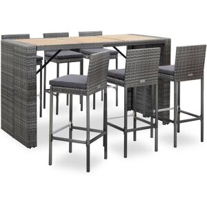 vidaXL Set muebles bar jardín 7 piezas y cojines ratán sintético gris