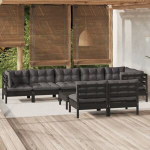 vidaXL Muebles de jardín 9 pzas y cojines negro madera maciza de pino